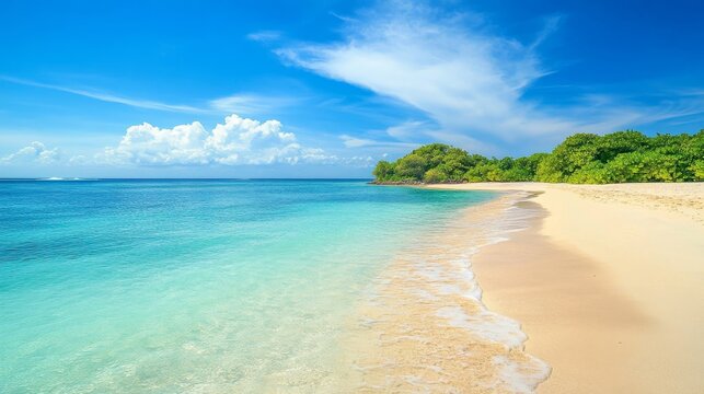 Sandy tropical beach with crystal clear water and lush palm trees, idyllic island view in the background under bright blue sky, peaceful seaside landscape with vibrant nature and tranquil coastal beau