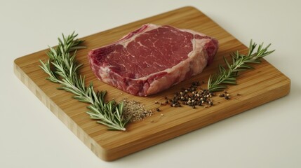 Fototapeta premium Raw steak, rosemary, and peppercorns on a wooden cutting board.