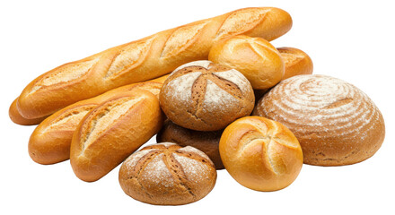 A pile of assorted breads including baguettes and round loaves on a black background image view