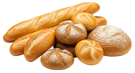 A pile of assorted breads including baguettes and round loaves on a black background image view