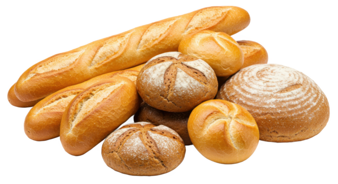 A pile of assorted breads including baguettes and round loaves on a black background image view