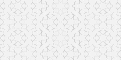 Seamless geometric pattern with gold stars and floral elements on white background. Monochrome vector abstract design. Decorative lattice in Arabic style. Background for textile, fabric and wrapping.