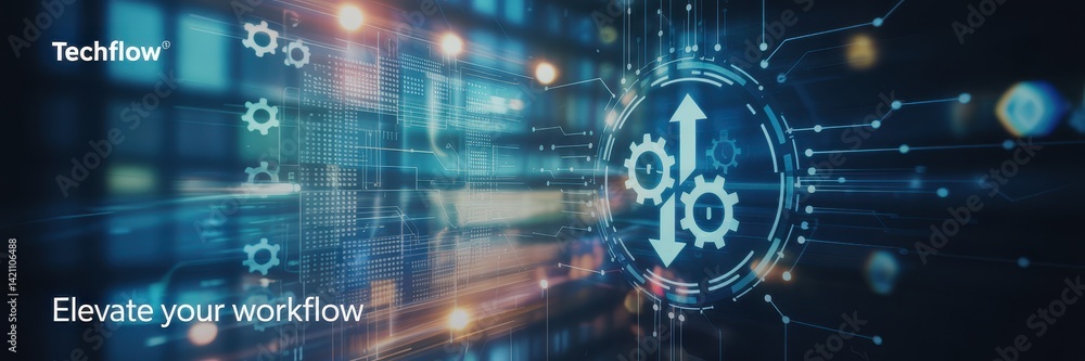 Poster workflow optimization visualized through digital gears and futuristic technology.
