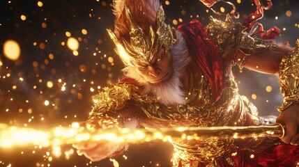 A mythical warrior in golden armor wielding a glowing staff