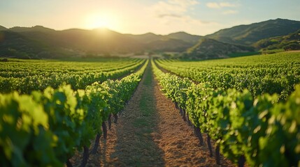 Obraz premium Lush Vineyard Rows at Sunset, Scenic Agriculture Landscape with Mountain Backdrop, Captivating Panorama of Greenery and Warm Evening Glow, Vineyard Vista