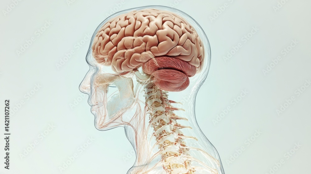 Poster 3d rendering of a human head showing brain, spinal cord, and skeletal structure.