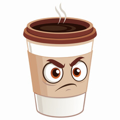 Create a bold, vector illustration of a stylized 2D cartoon coffee cup, emphasizing thick outlines and strong color contrast.