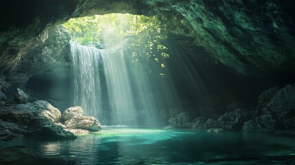 Sunlit cave aperture revealing a cascading waterfall into a crystal-clear pool amid rugged limestone walls and verdant moss in a hidden forest grotto
