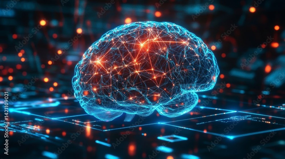 Poster abstract digital brain with glowing neural network connections.
