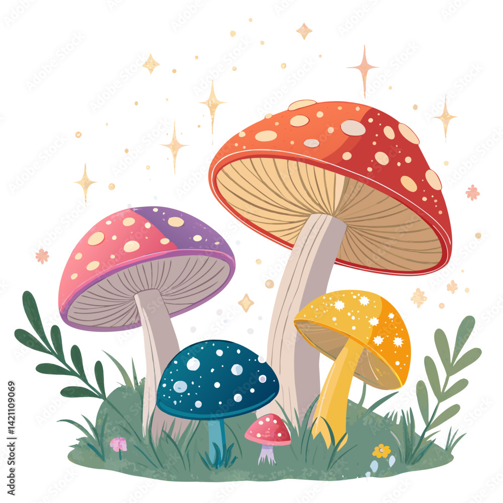 Poster design a bold, vector fairytale background with a 2d style, featuring whimsical elements. use thick 