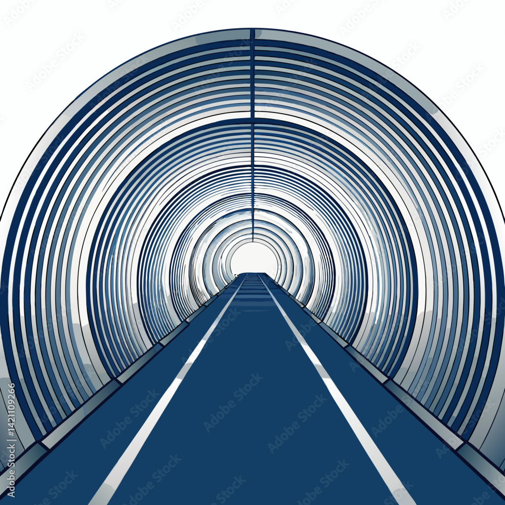 Poster create a bold, vector illustration of a futuristic 2d tunnel, emphasizing strong lines and vibrant c