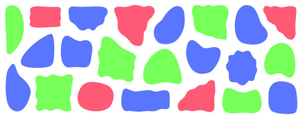 Bold coral, lime green and royal blue abstract blobs in soft modern layout for communication apps, community branding and UI illustrations, Vector Design, Isolated
