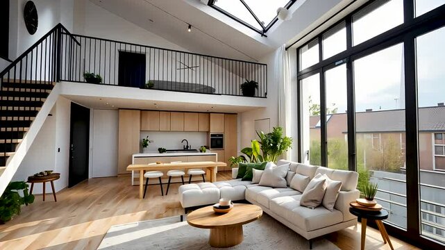 Contemporary duplex apartment with open kitchen, loft stairs and large windows