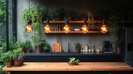 Modern kitchen with wood countertop, Edison bulbs, and abundant greenery.