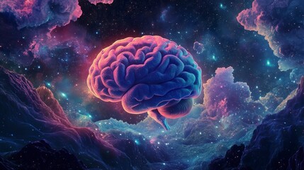 A vibrant human brain floats amidst a cosmic nebula, symbolizing the vastness of human thought and potential.