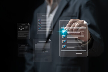 Checklist online Policies and Requirements document concept, Businessman checking steps online policies document, Practices and follow up company articles of association, Terms Conditions, Inspection