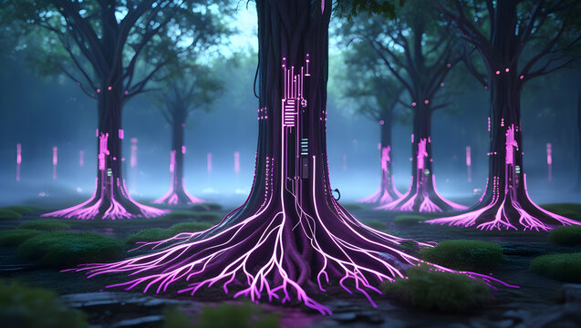 Digital Forest of Fiber-Optic Trees – AI Circuit Roots and Neon Glow in Futuristic Nature Concept