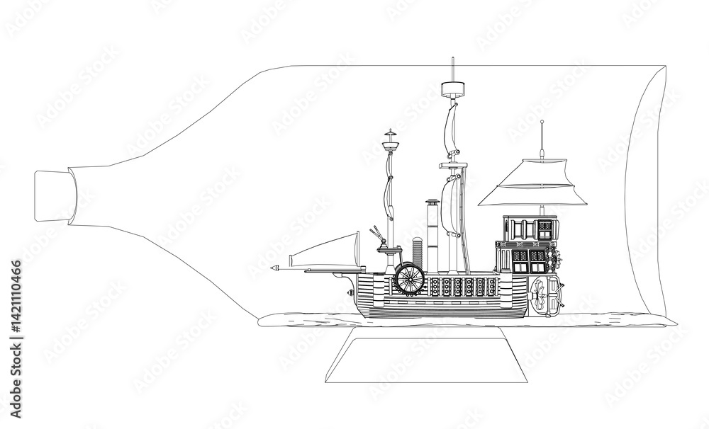 Poster a large ship with a small boat attached to it. the ship is the main focus of the image, while the sm