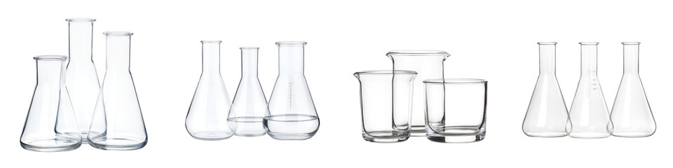 Modern glass measuring beakers, kitchenware items