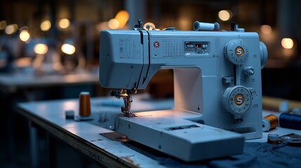 Fototapeta premium Modern Sewing Machine on Work Table in Textile Factory – Creative Night Mood with Color Grading for Production Concept