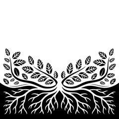 Yin Yang Tree Roots & Leaves, Black and White Illustration