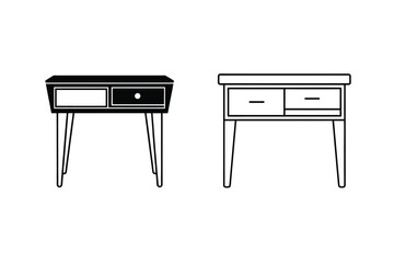 Minimalist Desk Illustrations With Drawers In Black And White Vector Design