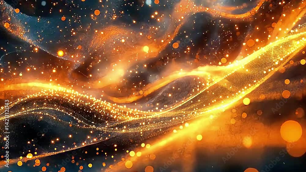 Poster abstract golden particle stream flowing with dazzling light effect background animation loop