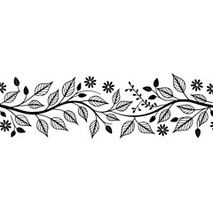 Simple Black and White Floral Border, Minimalist Nature Illustration