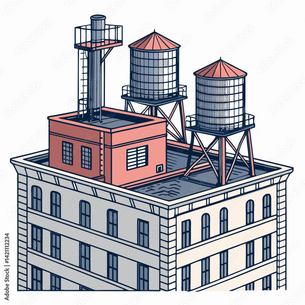 Poster create a bold, vector illustration of a 2d rooftop background featuring sharp lines and strong geome