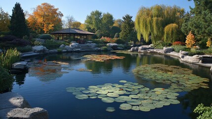 Fototapeta premium Autumnal Japanese Garden Pond, Peaceful Retreat