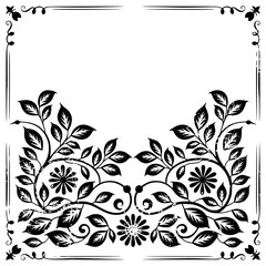 Vintage Floral Frame - Black Leaves & Flowers on Grunge Beige Background