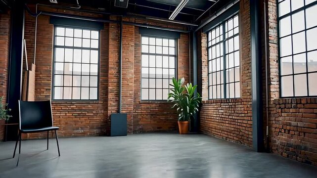 Empty industrial loft with exposed brick walls, concrete floor and large windows