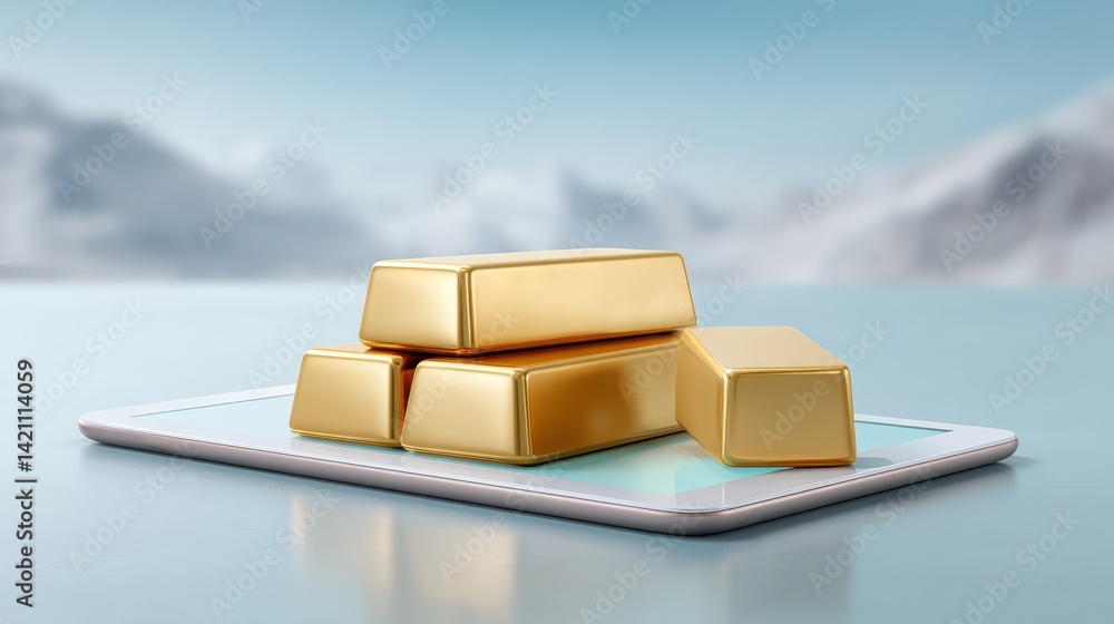 Poster a group of shiny rectangular gold bars neatly arranged on a sleek digital tablet device symbolizing 