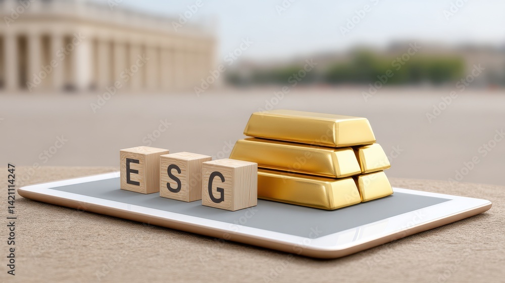 Poster a digital tablet displaying gold bars alongside an iot sensor representing the of technology and fin