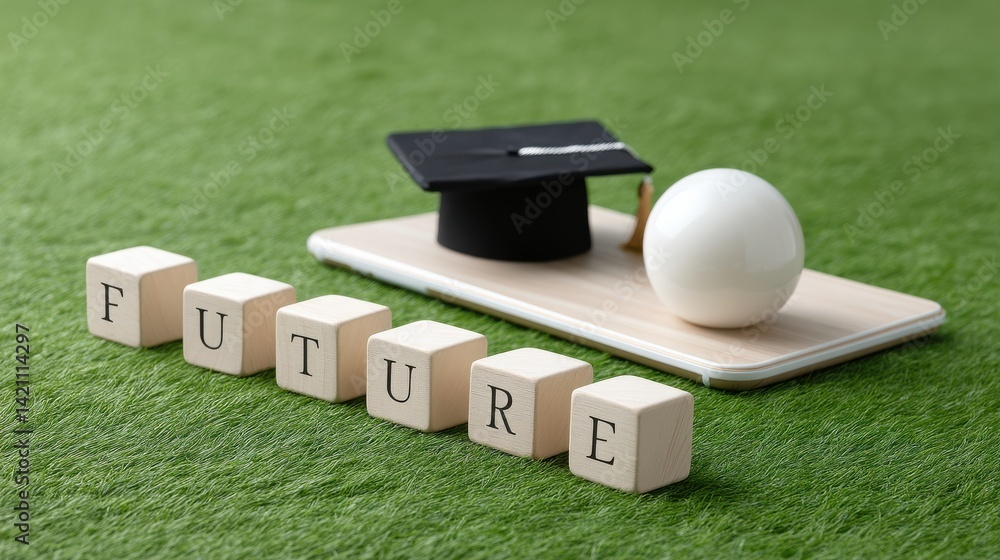 Poster a conceptual image representing the promise and potential of education with wooden blocks spelling o
