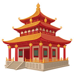 Naklejka premium Create a bold vector illustration of a Chinese-style Buddhist temple (vihar), emphasizing strong, thick outlines and vibrant colors.
