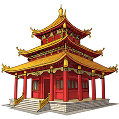 Fototapeta premium Create a bold vector illustration of a Chinese-style Buddhist temple (vihar), emphasizing strong outlines and rich detail.