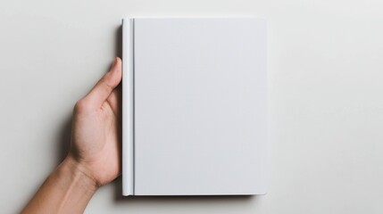 Obraz premium A hand holds a blank, textured white book, symbolizing creativity and potential for writing or drawing.