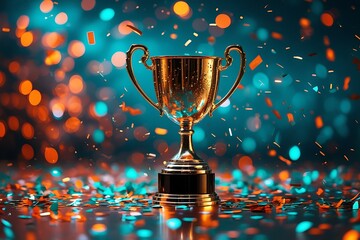 Trophy cup, glittering bokeh background, vibrant colors, orange and teal, celebration, victory, achievement, sparkles, confetti, shallow depth of field, shiny metallic surface, award ceremony, dramati