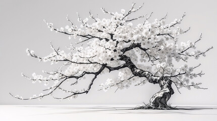 Obraz premium Chinese Botanical Style Ink Painting Featuring Cherry Blossom Bonsai Tree with Graceful Blooming Branches Premium Monochrome Illustration