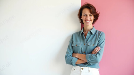 Happy woman leaning against a white and pink wall
