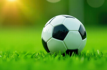 Naklejka premium Soccer Ball on Green Grass, Sunlight