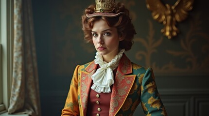 Elegant woman in business suit vintage setting portrait photography warm lighting historical concept