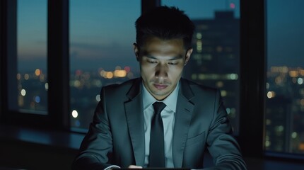 Business suit professional working late at night city skyline office digital device focused environment