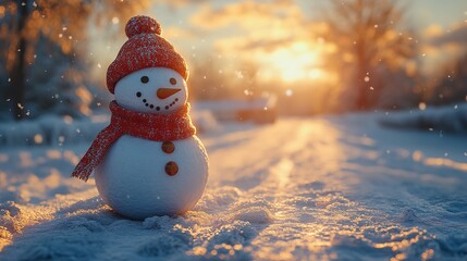 Obraz premium Still life with Santa Claus hat, pine cone and fir branches on snow covered surface inside a winter forest with spruce and fir trees and sunset in the background.