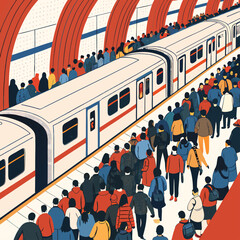 Obraz premium Create a bold, vector illustration of a bustling subway station platform, emphasizing the dense crowd and architectural details.