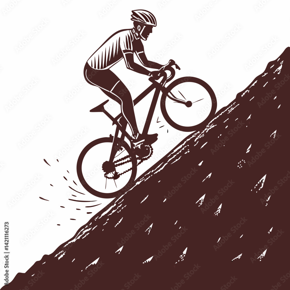 Poster create a bold vector illustration of a cyclist powerfully ascending a steep hill, emphasizing strong
