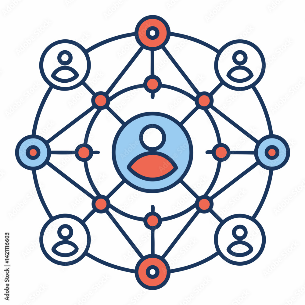 Poster create a bold, vector illustration of a digital social network, emphasizing interconnected nodes and