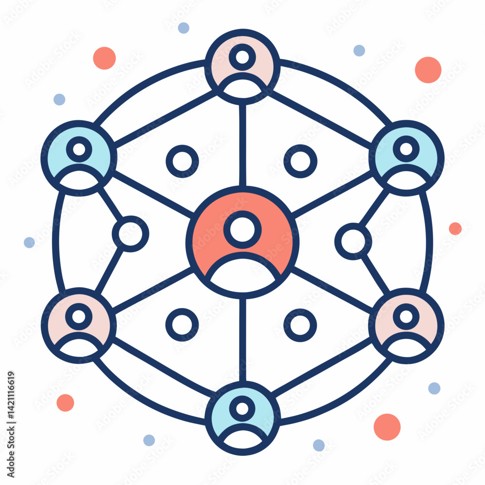 Poster create a bold vector illustration of a digital social network, emphasizing interconnected nodes and 