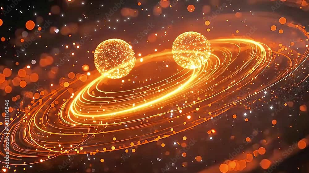 Poster abstract rings orbiting two spheres with glowing particles in a mesmerizing space scene